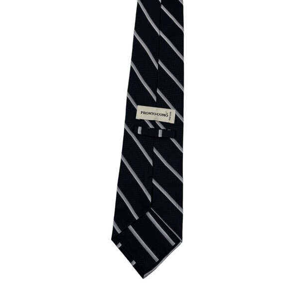 Pronto Uomo Men's 100% Silk Repp Necktie Tie Stripes Black and Silver 4" x 57" - Picture 4 of 9